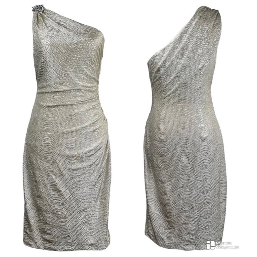 MAGGY LONDON Women's Faded Gold Metallic Frost Asymmetric Cocktail Dress
